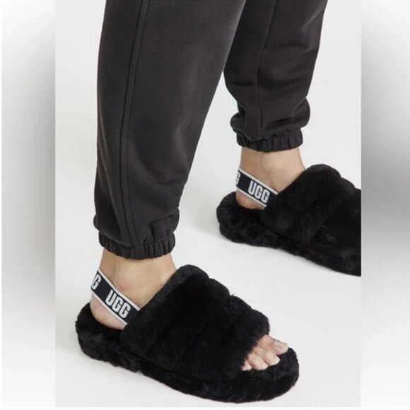 UGG Fluff Yeah Slide Black Slippers Shearling Slingback Slip On Shoe Sandals - Picture 7 of 14